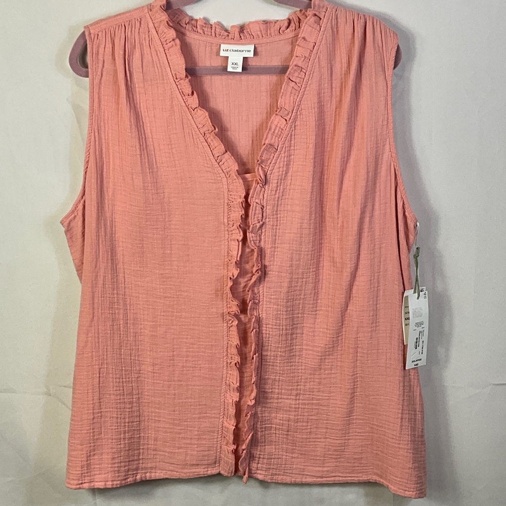 Liz Claiborne Coral Pink Ruffle Trim V-Neck Sleeveless Blouse Size XXL